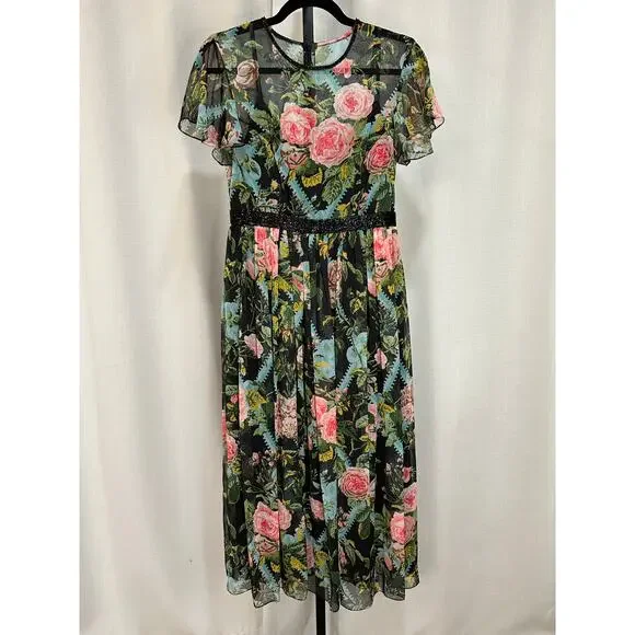 Mac Duggal Multicolor Floral Illusion Cap Sleeve Midi Dress 6 NWT #9149 Chiffon - Picture 2 of 16